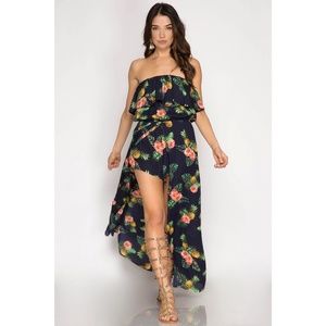 Strapless Pineapple Print Romper with Maxi Overlay